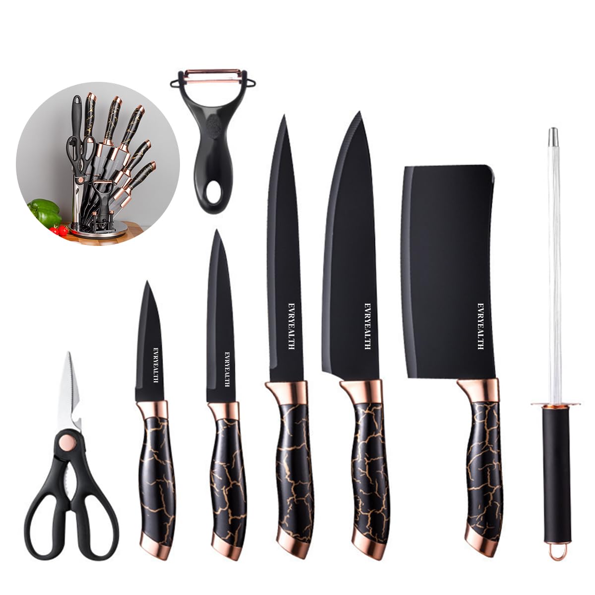 HASTHIP Kitchen Cutters Set of 8Pcs Stainless Steel Kitchen Cutter Tool Set with Storage Holder Chef Western Japanese Chef Knives Fruit Cutter Peeler Scissors Cutter Sharpenning Steel HASTHIP Kitchen Cutters Set of 8Pcs Stainless Steel Kitchen Cutter Tool Set with Storage Holder Chef Western Japanese Chef Knives Fruit Cutter Peeler Scissors Cutter Sharpenning Steel